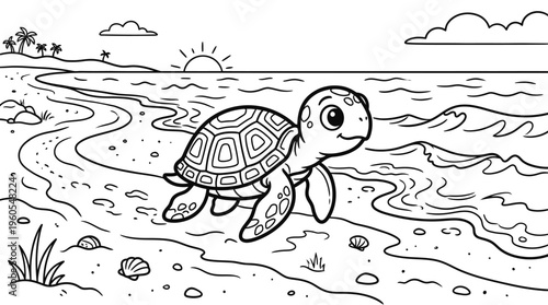 Turtle walking on sandy beach shore.