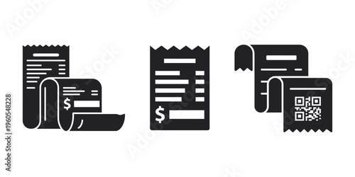 Solid black receipt bill invoice payment vector icon set