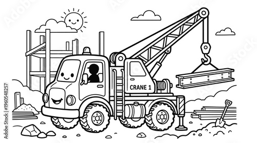 Truck with crane lifting heavy load.