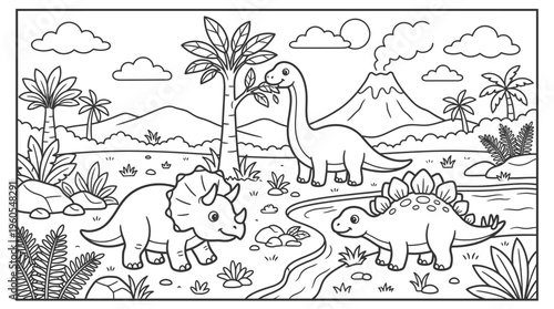 Dinosaur Trio in Prehistoric Landscape Scene.