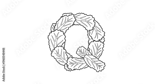 Nature-inspired capital letter Q composed entirely of intricately outlined leaves for creative