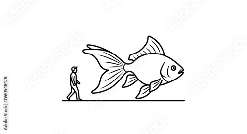 A man encounters a surprisingly colossal goldfish, illustrating a profound difference in scale and