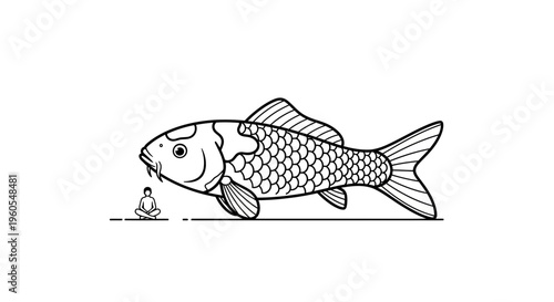Meditative Serenity: A Small Figure Contemplating a Magnificent Koi Fish in Harmony