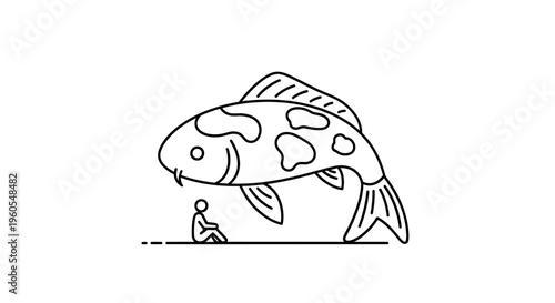 Minimalist line art illustration featuring a tiny person contemplating a giant patterned fish in a