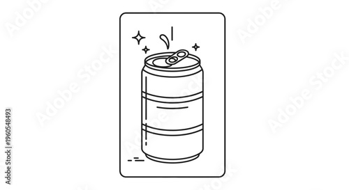 A crisp line art depiction of an effervescent beverage can freshly opened with shimmering sparkle