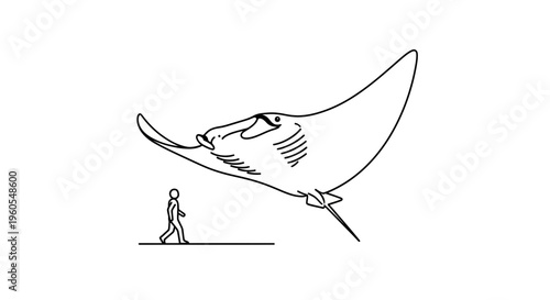 Illustrative comparison of an immense manta ray gracefully hovering above a walking human figure