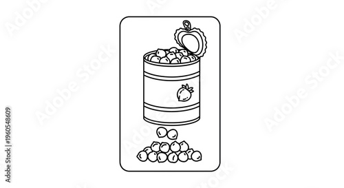 Monochrome line art showing a partially opened food can with its contents spilling out below