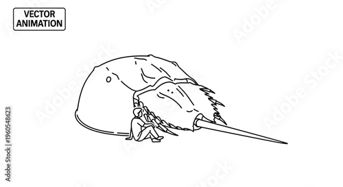 Human observing a giant ancient horseshoe crab in a minimalist vector animation illustration