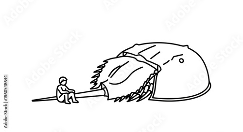 Minimalist illustration of a person interacting with an oversized marine creature