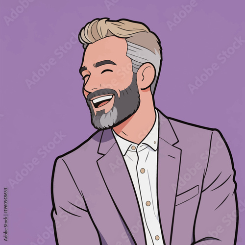 Man with light hair and beard laughs while seated against a purple background during a casual moment