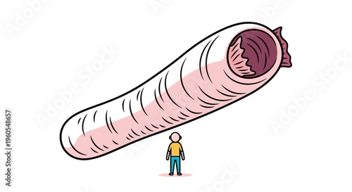 A lone figure contemplating an enormous tubular biological structure with striking scale disparity