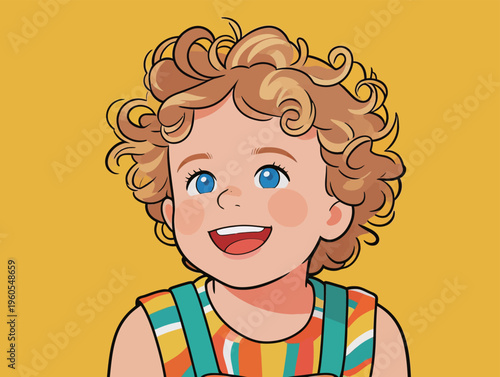 Child with curly hair smiles brightly wearing colorful clothes against a yellow background during daytime