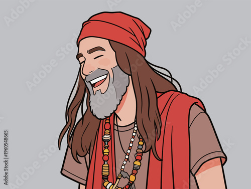 Character with long hair and beard smiles while wearing a red turban and beads in a simple background scene
