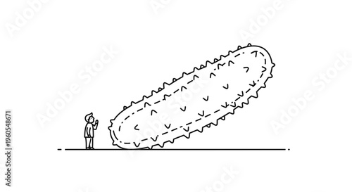 A small human observes a giant spiky cucumber-like organism, pondering its colossal scale and