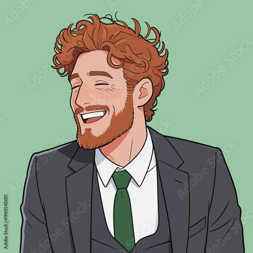 Man with curly red hair smiles while wearing a suit in front of a green background during a casual event in a modern setting