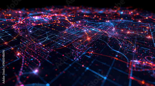 Digital world map network with red glowing connections, global communication technology concept