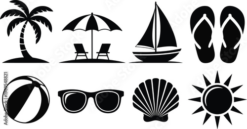 Classic summer and tropical vacation items are clearly displayed in a crisp black and white style