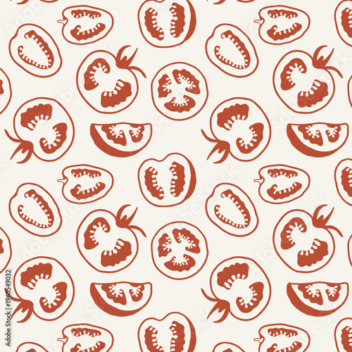 Seamless pattern with tomato slices and halves in mediterranean hand drawn style. Clean food illustration perfect for packaging, menu design and textile.