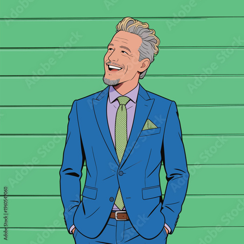 Man in a blue suit smiles while standing in front of a green wall during a bright and sunny day