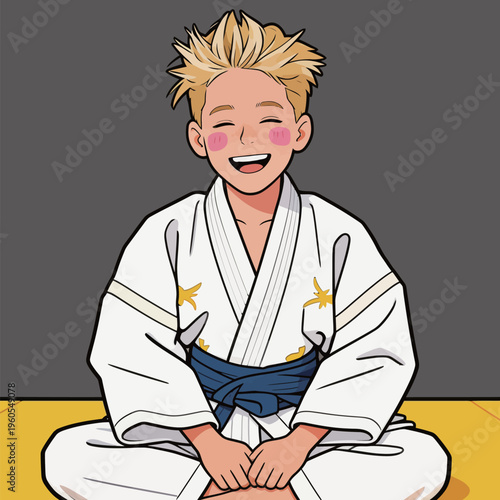 Young boy sitting on a mat with a big smile after practicing martial arts at a gym during afternoon training session