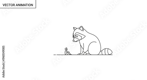 A striking minimalist line art illustration depicting a giant raccoon observing a tiny human