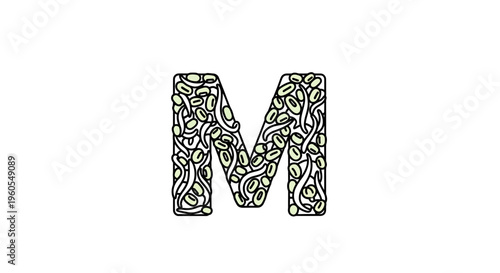 Letter M Artistically Rendered with Textured Soybeans and Sprouting Green Organic Forms
