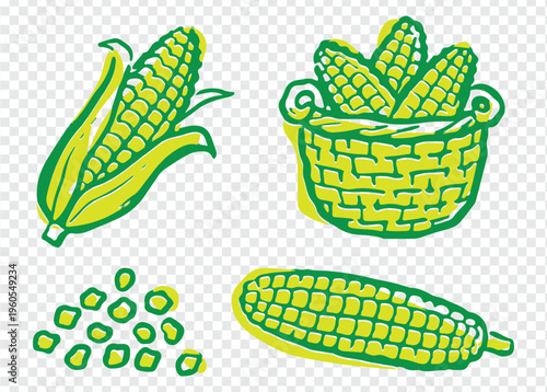 fresh corn cobs and kernels in woven basket flat design vector illustration