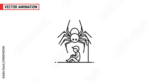 Stylized illustration of intense arachnophobia fear with a person cowering below a large spider