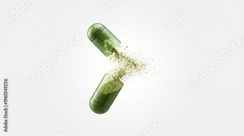 plant based nutrition capsule Green capsule pill bursting with herbal powder on white background