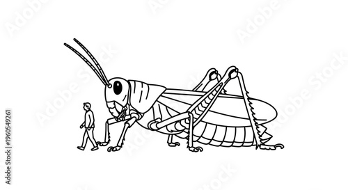 Giant insect encounters human in a striking illustration of exaggerated scale and fantasy
