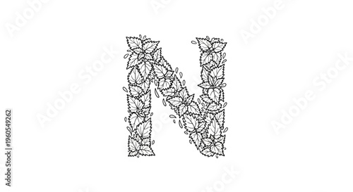 Elegant botanical letter N illustration with intricate leaf patterns forming a distinct organic