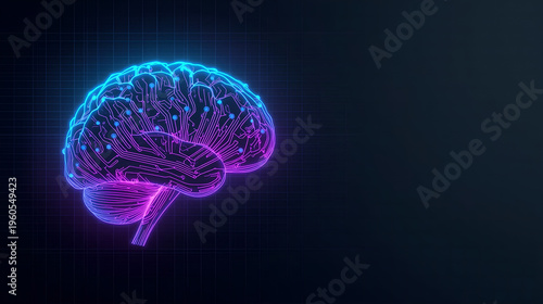 Artificial intelligence brain illustration with blue magenta neon lines, digital mind concept