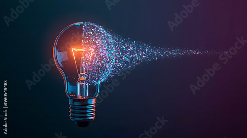 Creative glowing light bulb transforming into digital particles, innovation technology concept
