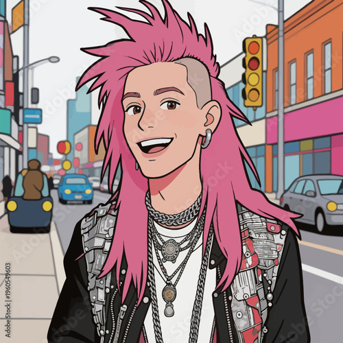 Young man with pink hair stands on city street with shops and cars in background during daytime