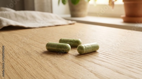 plant based nutrition capsule Three green herbal capsules on a wooden surface near a window.