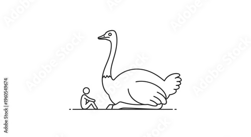 Contrasting sizes: a small human silhouette sitting beside a colossal ostrich-like creature