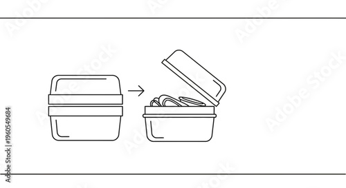 Process illustration of opening a storage container to reveal neatly folded items inside