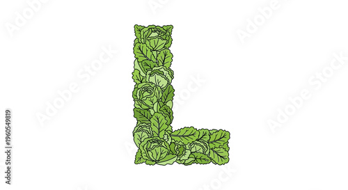 Vibrant green cabbage and leafy elements creatively form the uppercase letter L on a pristine