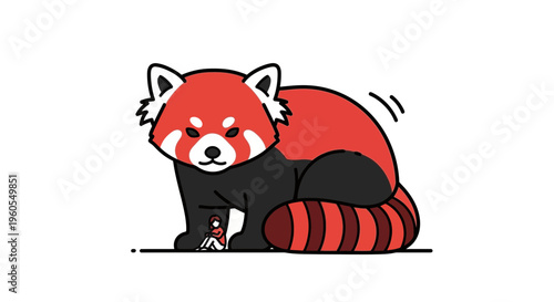 Charming minimalist illustration of an oversized red panda with a tiny human companion exploring