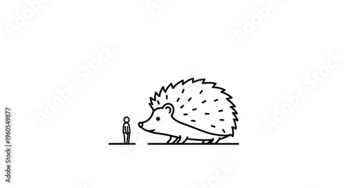 Whimsical line drawing of tiny human encountering colossal hedgehog highlighting scale contrast