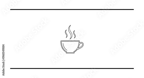 Clean minimalist line art depicting a steaming hot beverage cup, versatile vector graphic for