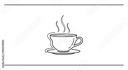 Minimalist continuous line drawing of a steaming hot beverage cup on a saucer graphic design element