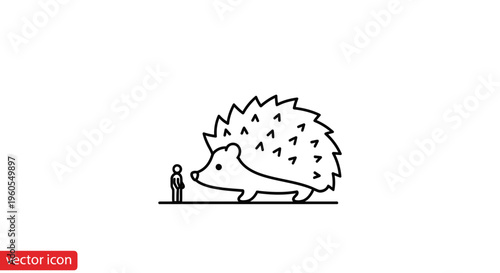 Giant Hedgehog and Tiny Human Scale Illustration Minimalist Line Art Concept