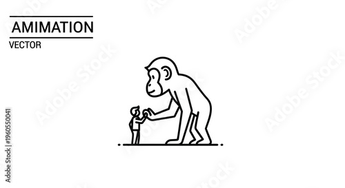 Symbolic line art portraying a gentle hand touch between a towering ape and a diminutive human