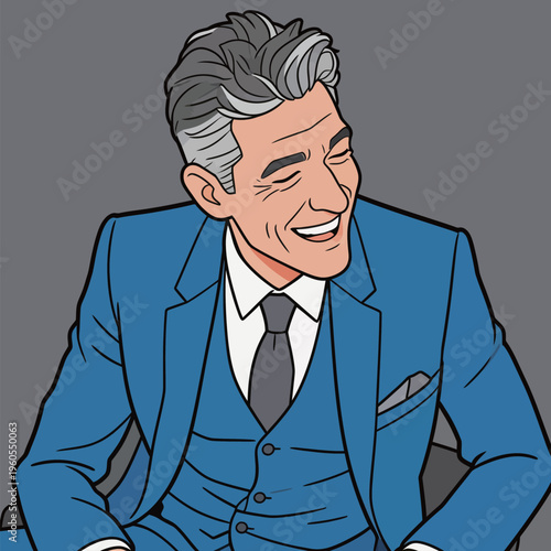 Man in blue suit smiles while sitting against a gray background during a casual moment