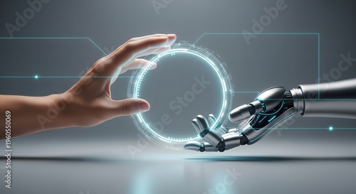 A human hand and a robotic hand reach toward a glowing circular digital interface representing artificial intelligence and human collaboration.
