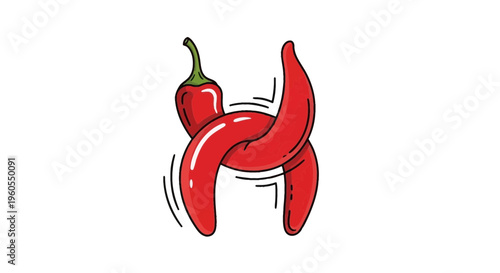 Vibrant intertwined chili peppers creating a unique hot H symbol on white background