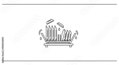 Minimalist line icon of clean kitchenware air drying on a modern dish rack after washing