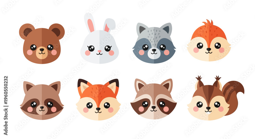 Fototapeta premium Cute cartoon animals faces including bear, rabbit, raccoon, squirrel, fox, and chipmunk in a digital illustration.