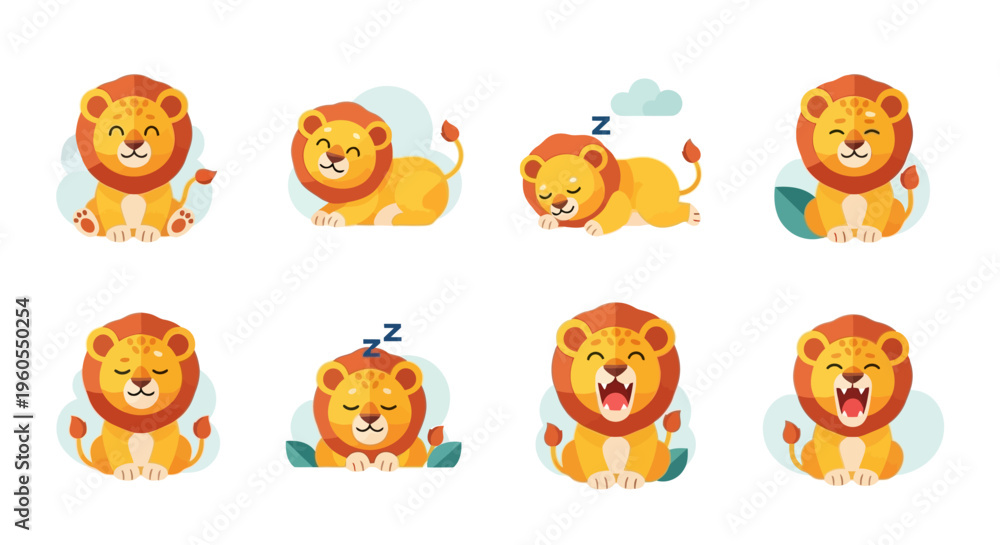 Fototapeta premium A group of lions are playing and resting in a savannah environment with various expressions.